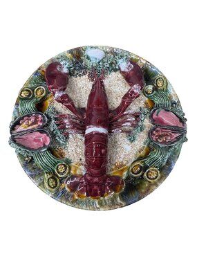 Palissy Majolica Ceramic Lobster Oyster Serving Plate 12.5" Hand-Painted Coastal